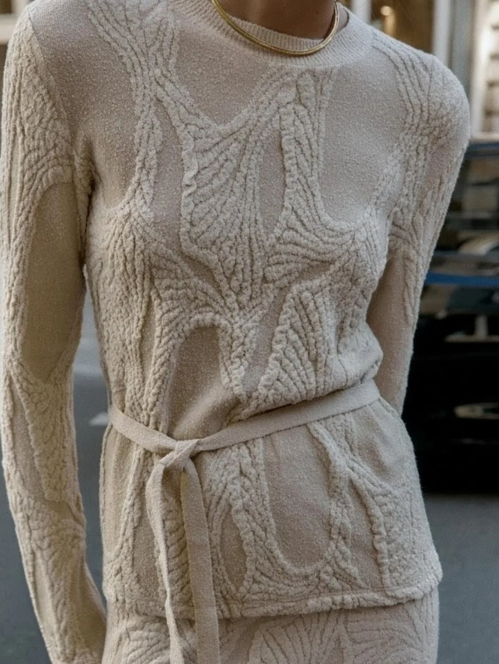 NWT Zara Jacquard Textured Belted Sweater In Cream - L